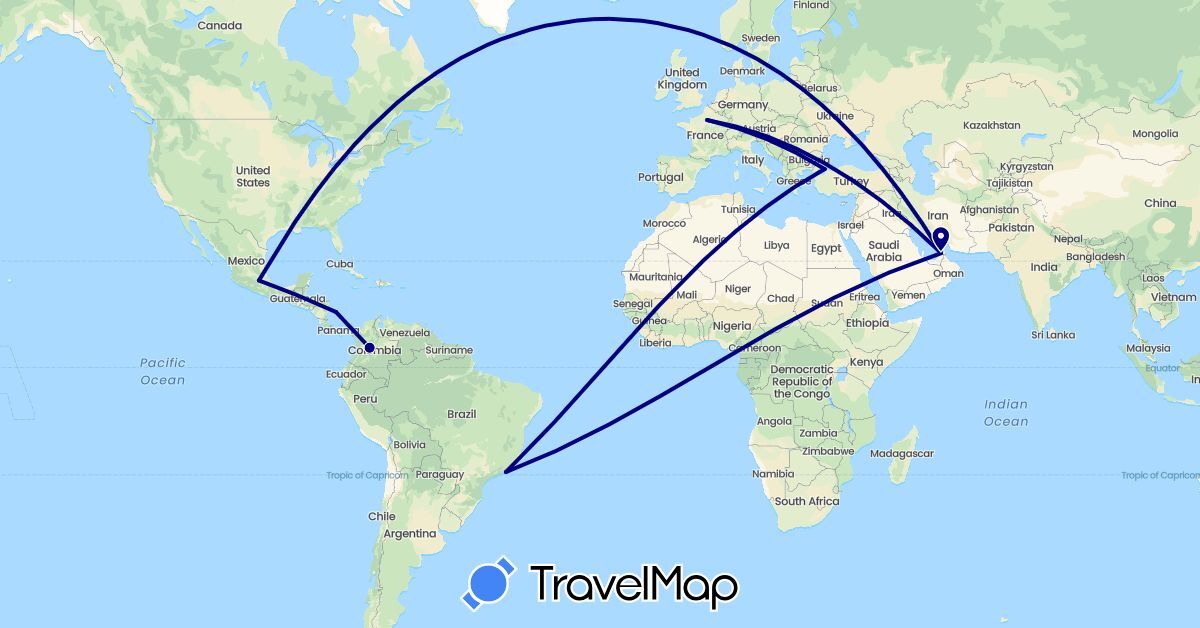 TravelMap itinerary: driving in United Arab Emirates, Brazil, Colombia, France, Mexico, Turkey (Asia, Europe, North America, South America)